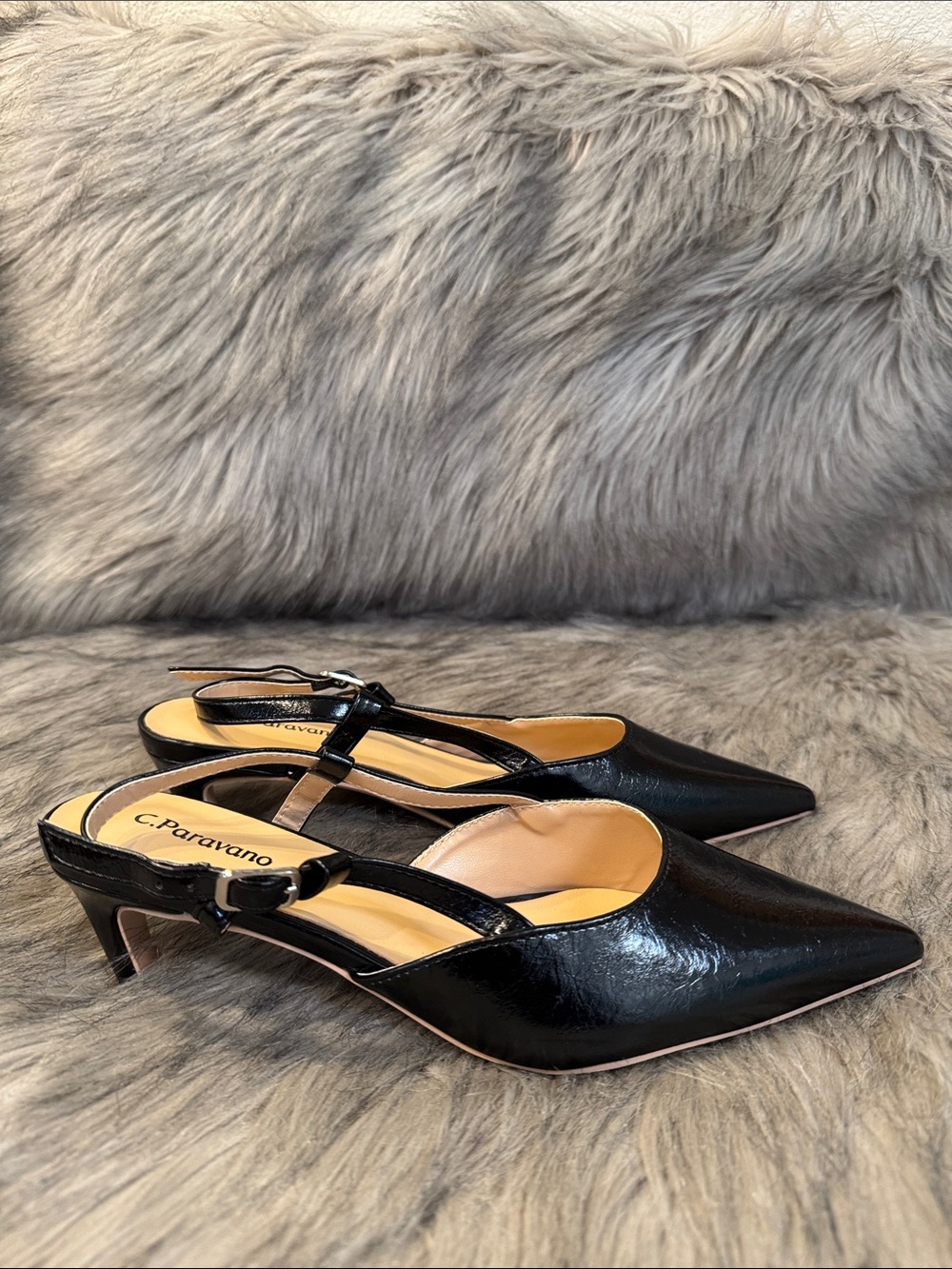 C.Paravano Black Patent Slingback Kitten Heel Pumps Size 37 & 1/2”